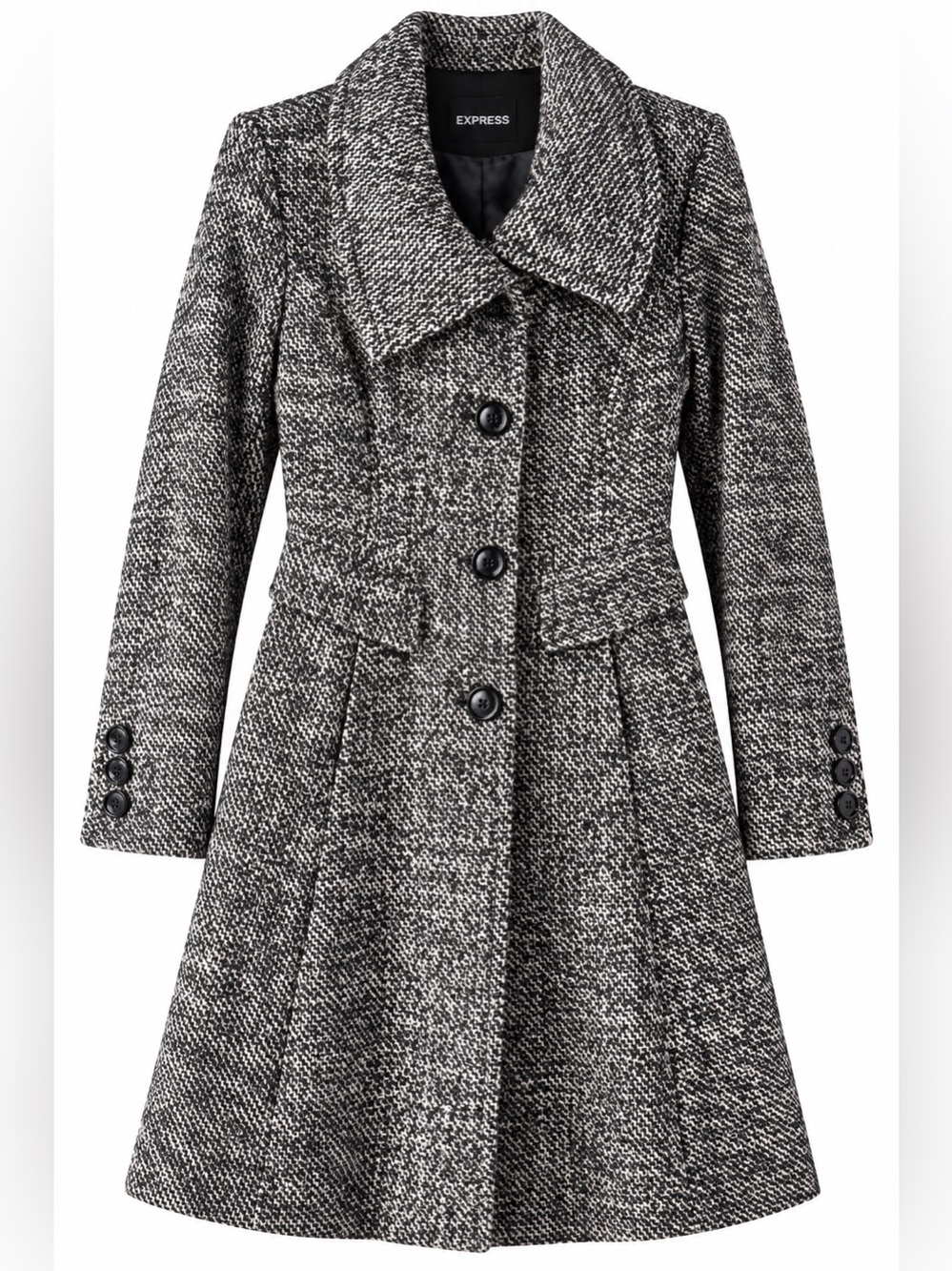 Express Black White Tweed Fit Flare Coat Small Preppy Old Money Career Heritage